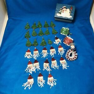 Beaded Christmas 2” tree and Santa,2 ea yards of green and red beads, 1